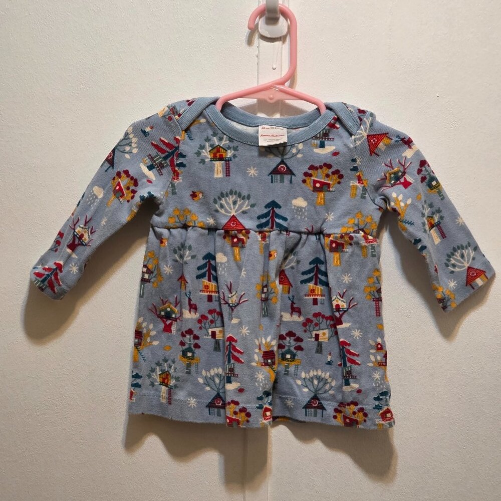 Hanna Andersson Light Blue Winter Tree House Snow Deer Dress 60 cm 3-6 months